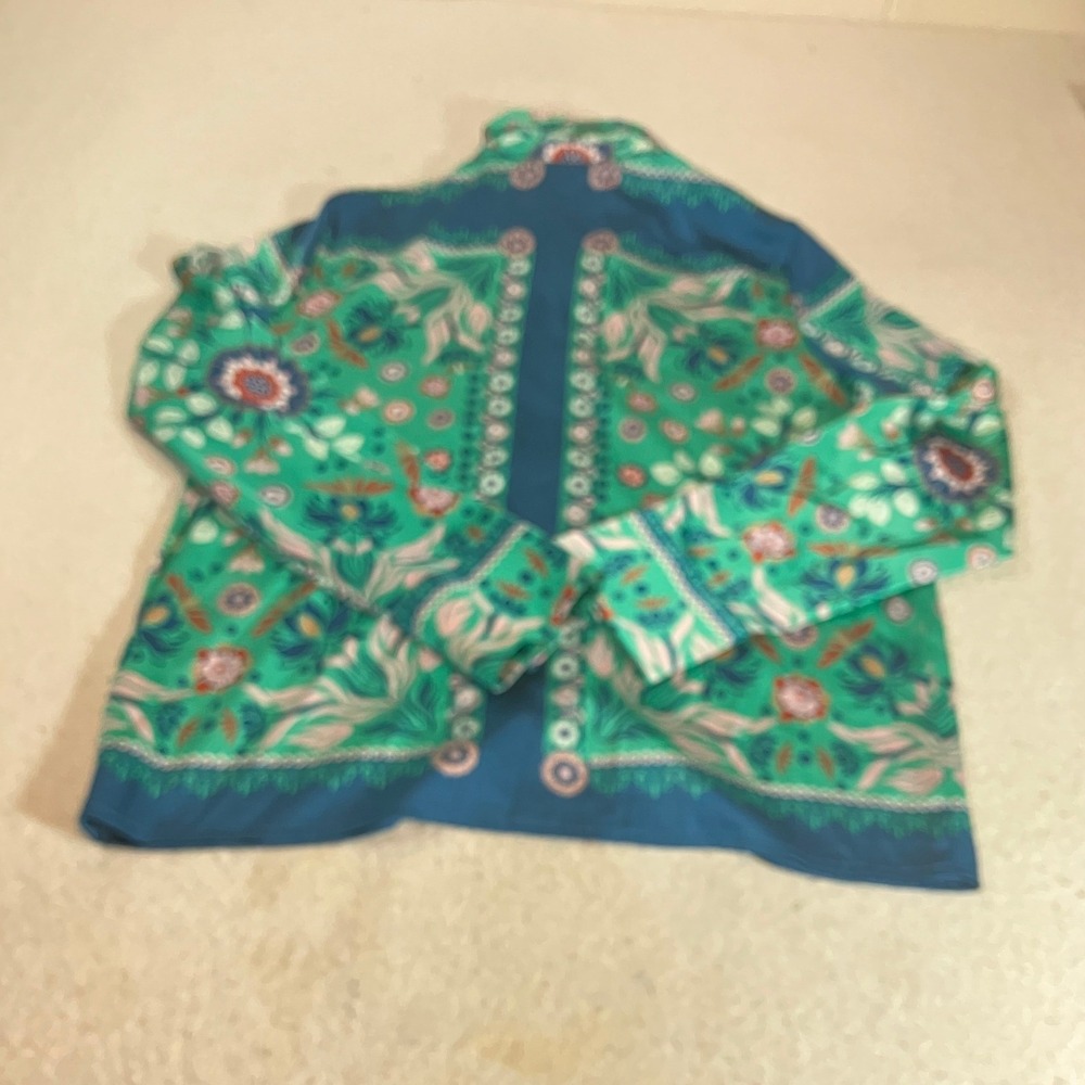 Halogen Womens XS Green Teal Floral Paisley Button Down Blouse Long Sleeve Top